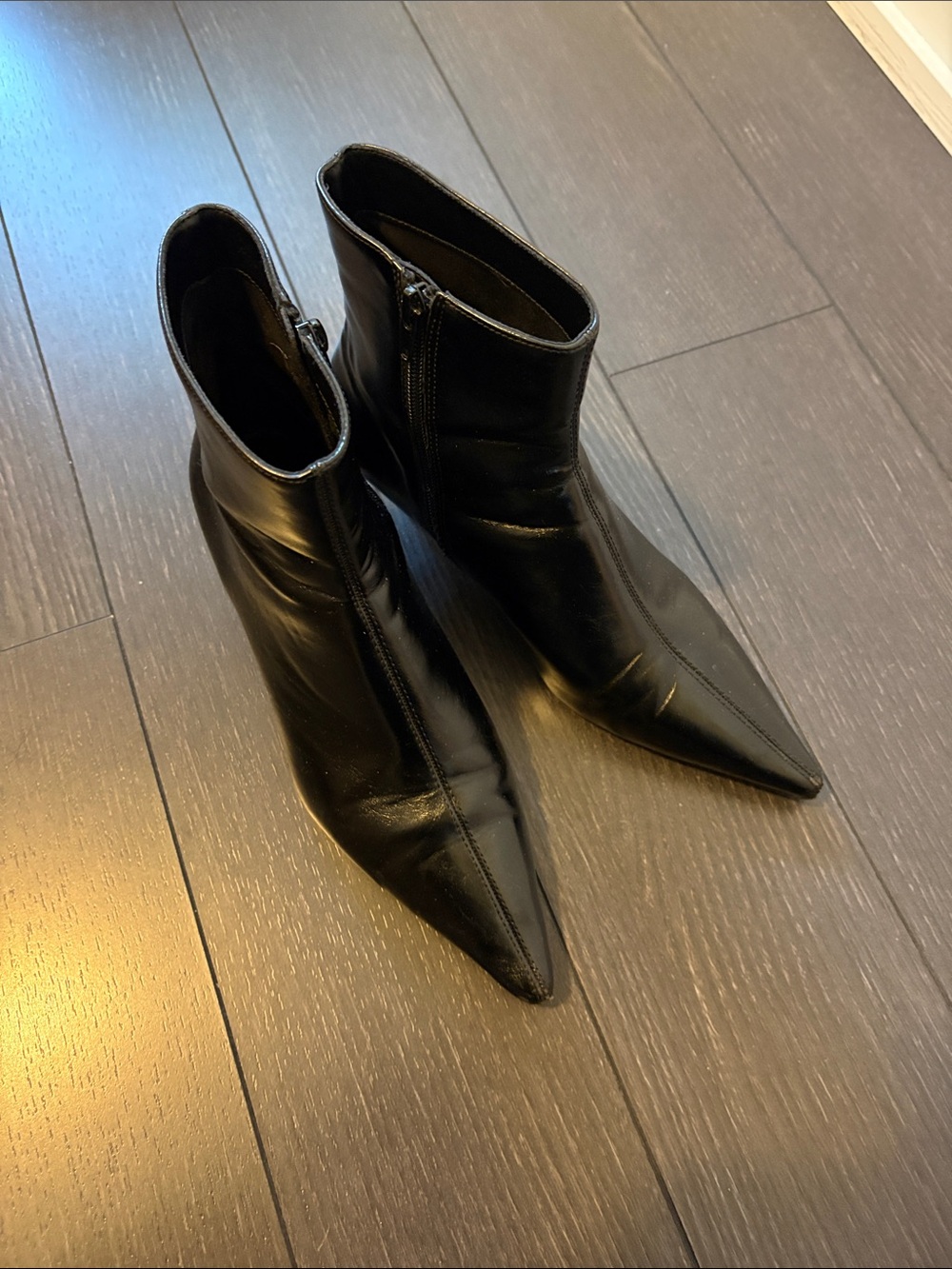 Mango Black Pointed Toe Leather Ankle Booties